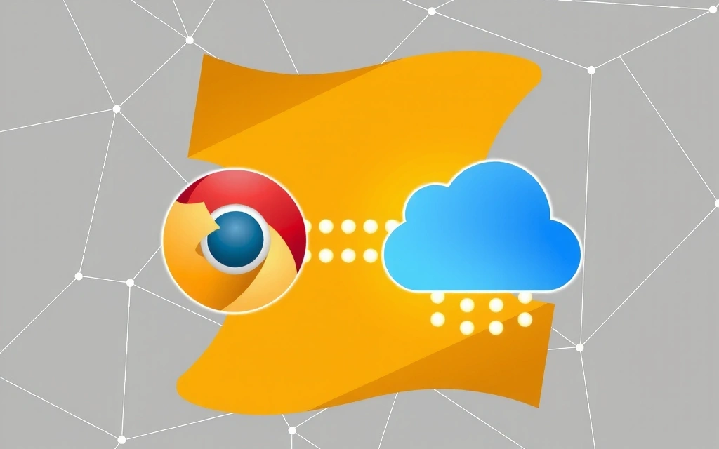 Digital representation of data packets flowing between a browser icon and a server icon, symbolizing cookies