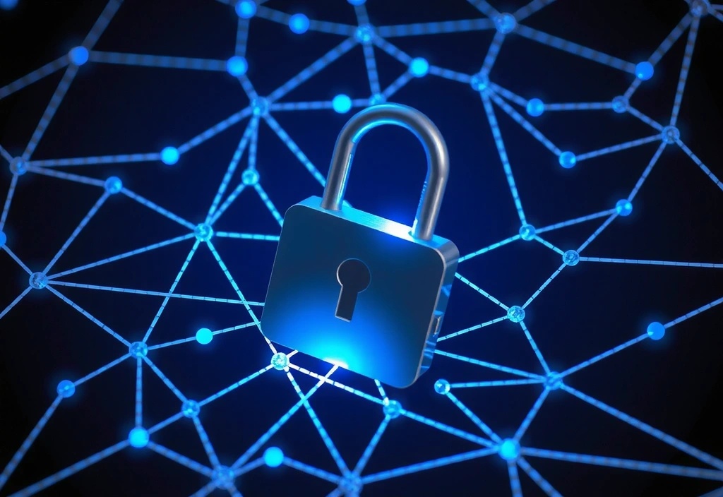 Digital lock icon surrounded by glowing interconnected data points