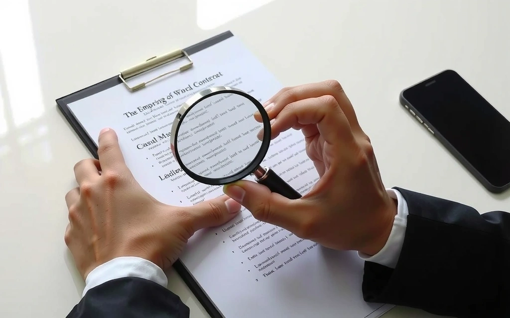 Person reading a legal document with a magnifying glass