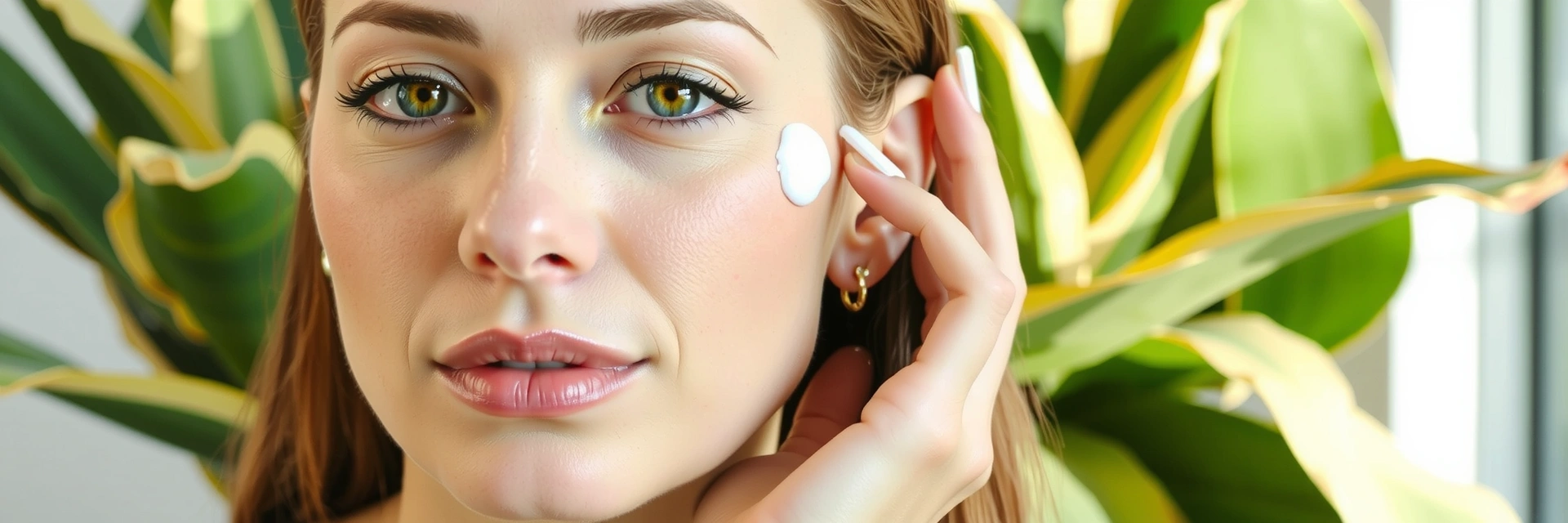 Elegant woman applying natural skincare product on her face, showcasing a radiant glow.